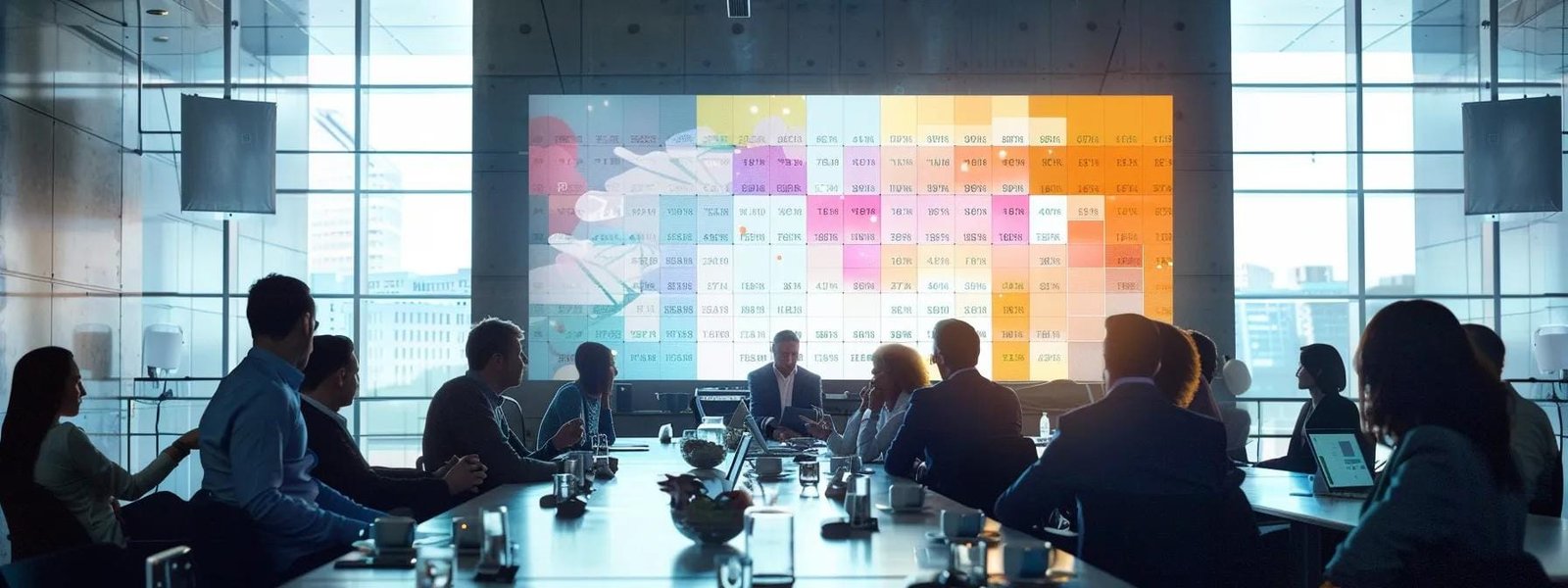a sleek, modern office conference room filled with engaged professionals examining a large digital screen displaying a colorful comparison chart of beginner digital marketing courses, highlighting their pricing, features, and outcomes.