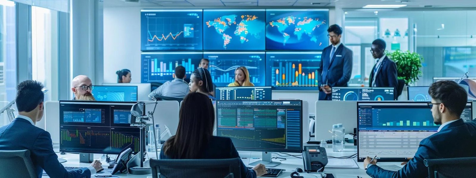 a sleek, modern office environment showcases a diverse team collaborating over digital marketing analytics displays, with vibrant graphs and charts illuminating their focused expressions as they strategize performance marketing channels.