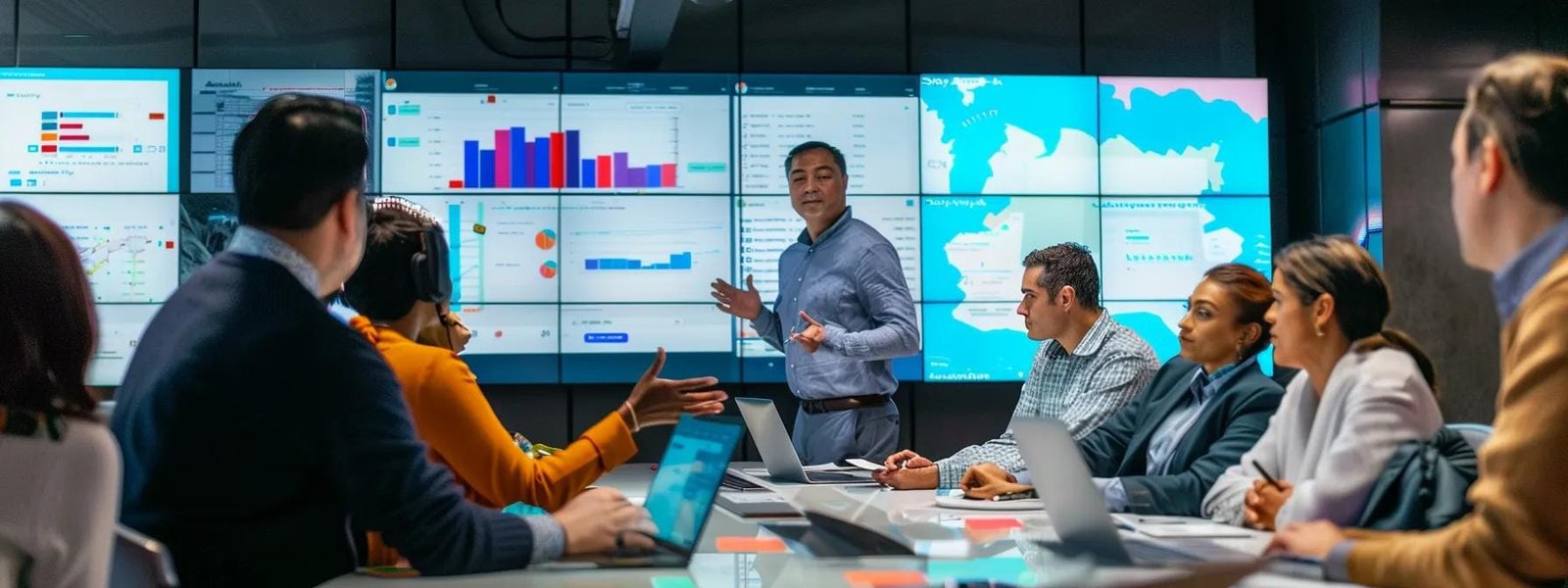a sleek, modern office environment showcases a diverse team of professionals engaged in a dynamic brainstorming session, surrounded by vibrant digital displays illustrating seo metrics, ppc strategies, and social media analytics to highlight the premier internet marketing company's innovative services.