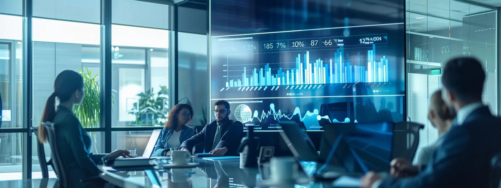 a sleek, modern office environment features a large screen displaying vibrant analytics graphs and digital marketing performance stats, highlighting a focused team engaged in strategic discussions to drive measurable business growth.