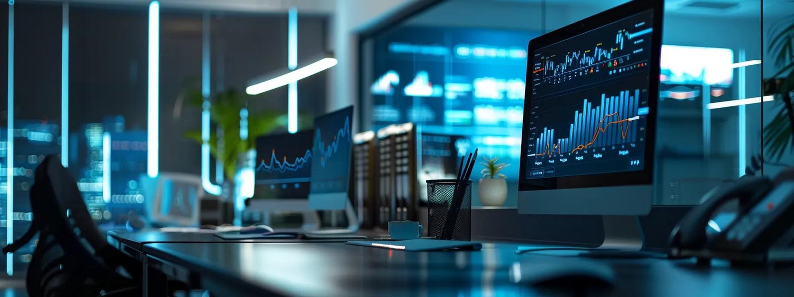a sleek, modern office environment featuring a sophisticated workstation illuminated by ambient light, where a dynamic digital dashboard displays engaging graphs and analytics, symbolizing the pursuit of authoritative marketing information.