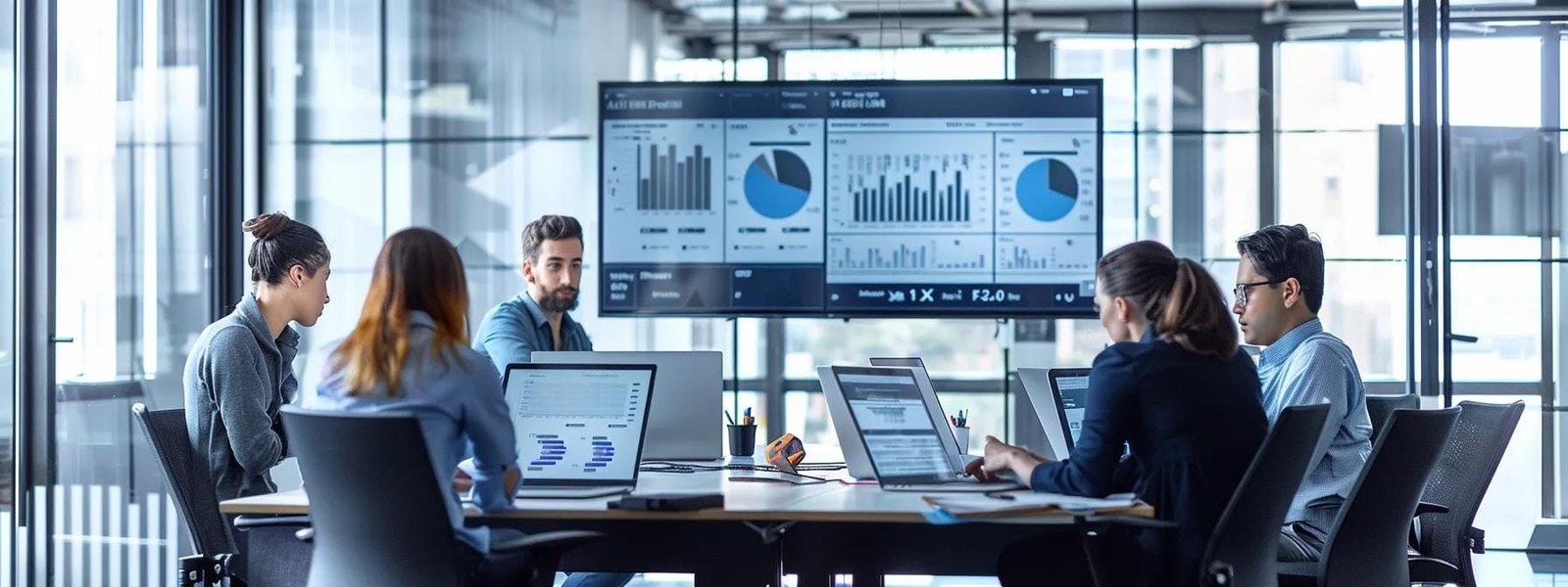 a sleek, modern office environment illustrates a marketing team collaborating around a high-tech digital dashboard, analyzing precise audience data to strategically enhance their outreach efforts.