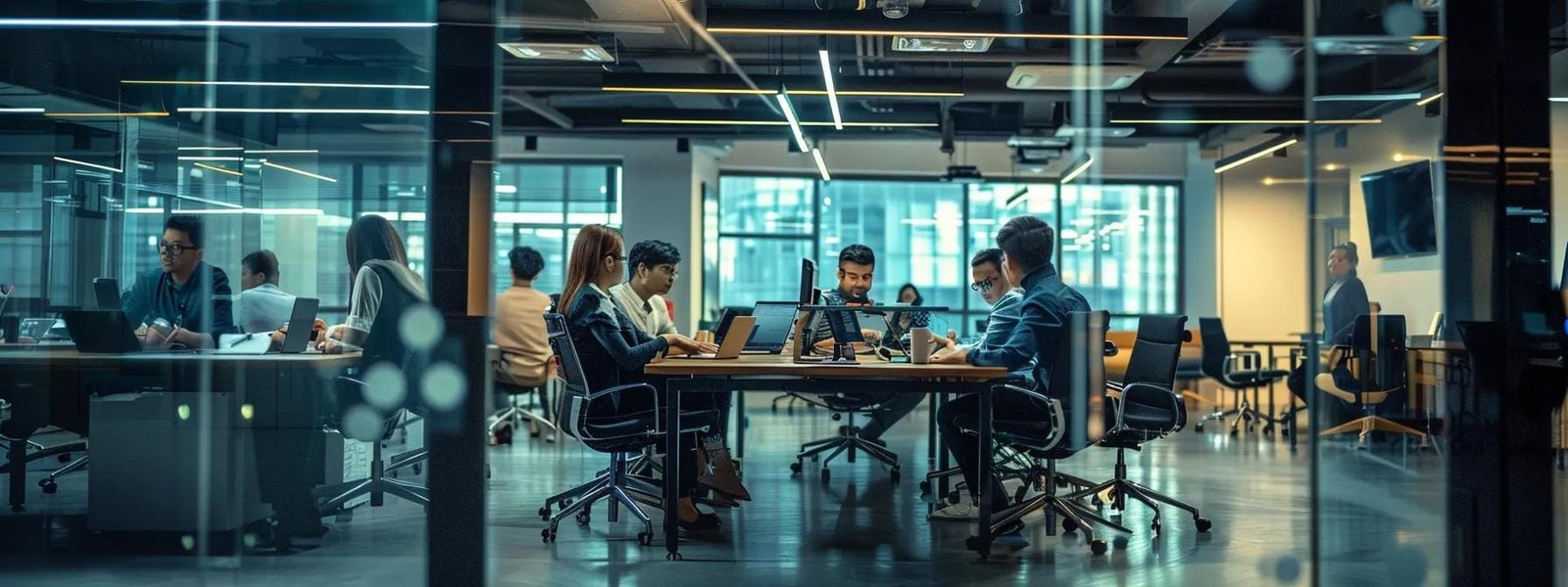 a sleek, modern office environment showcases a team of diverse professionals engaged in a dynamic strategy session, illuminated by bright overhead lights, symbolizing mastodon marketing&rsquo;s innovative and data-driven approach to digital marketing success.