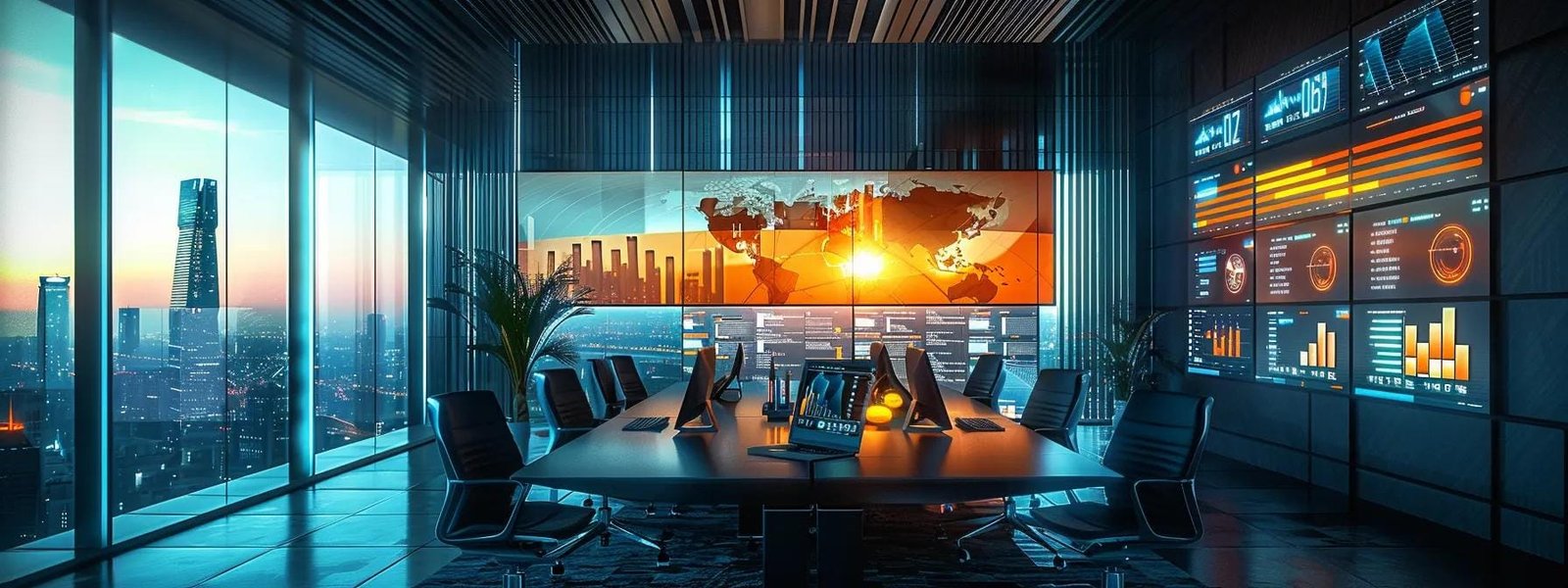 a sleek, modern office filled with digital screens displaying vibrant graphs and ai analytics dashboards, capturing the essence of innovative marketing strategies for 2025.