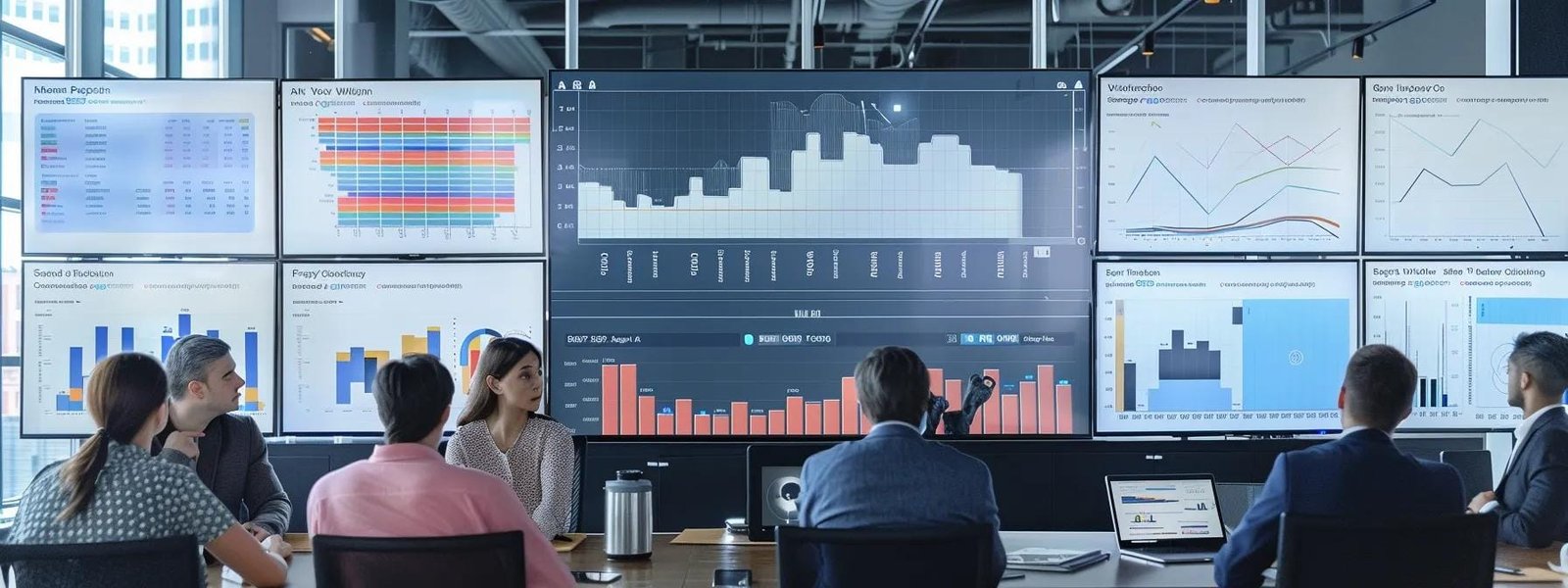 a sleek, modern office in new york city features a dynamic team collaborating over digital marketing strategies on high-tech screens, showcasing charts and analytics in an energetic, innovation-driven atmosphere.