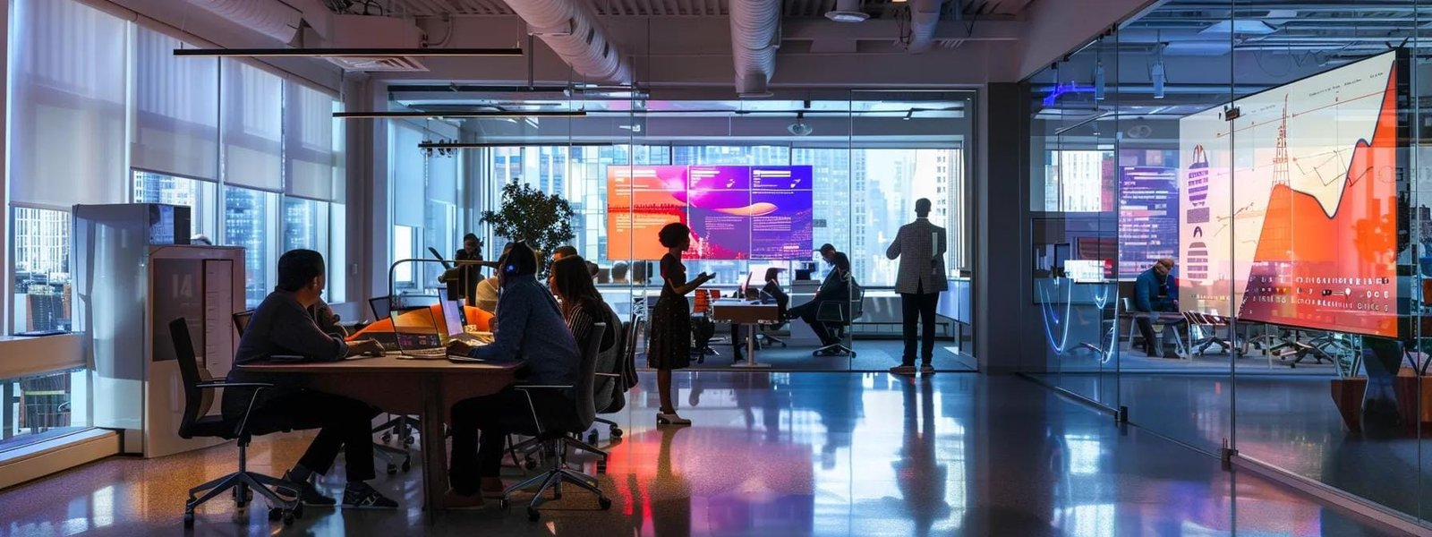 a sleek, modern office interior in new york city, showcasing a collaborative team engaging with advanced digital marketing tools, illuminated by dynamic, colorful screens displaying analytics and marketing strategies.