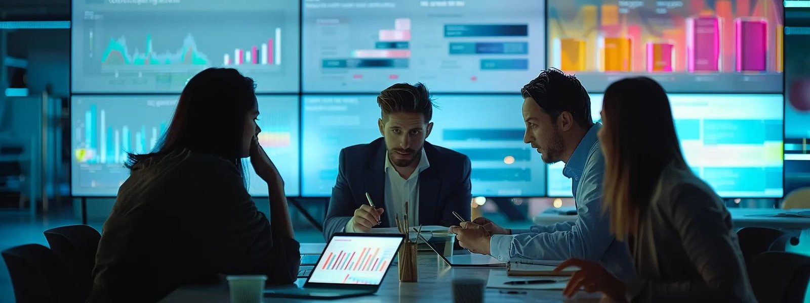 a sleek, modern office setting showcases a focused team collaborating over digital tablets while examining vibrant marketing portfolios and data analytics on a large screen, embodying the strategic evaluation of potential marketing agencies.