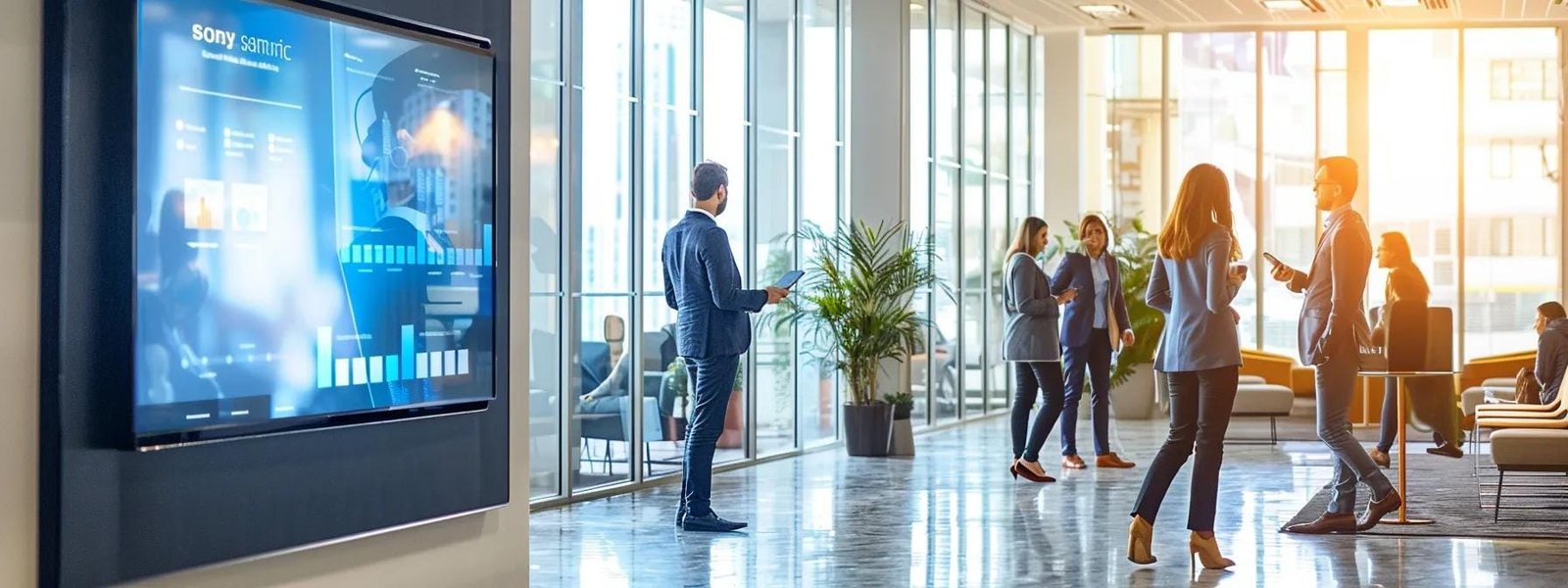 a sleek, modern office space bustling with focused professionals collaborating around a large digital display showcasing a cohesive digital marketing strategy, emphasizing the integration of content across various channels for a unified brand experience.
