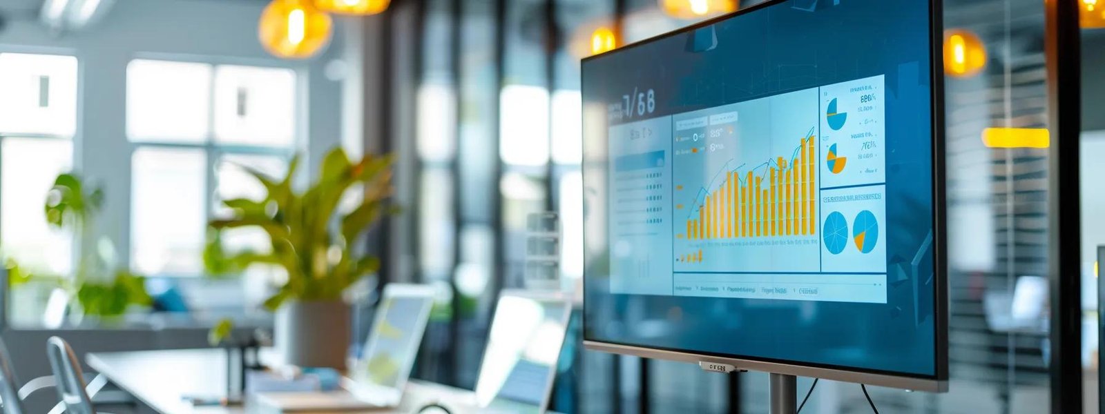 a sleek modern office space features a large monitor displaying an engaging, user-friendly website design with prominent call-to-action buttons and analytics charts, emphasizing strategic digital marketing tactics for driving conversions.