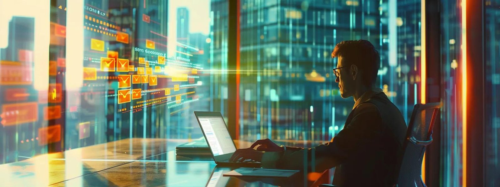 a sleek, modern office space features a focused professional analyzing data on a laptop surrounded by vibrant email marketing graphics on the walls, highlighting the dynamic nature of initial email campaigns.