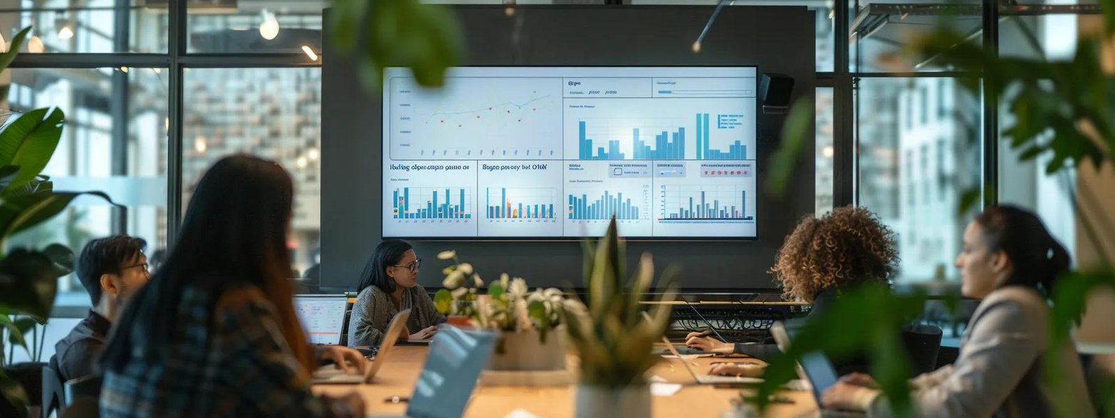 a sleek, modern office space showcases a vibrant digital marketing strategy session, with a large screen displaying data analytics, seo metrics, and facebook ad campaigns, creating an atmosphere of dynamic collaboration and innovation.