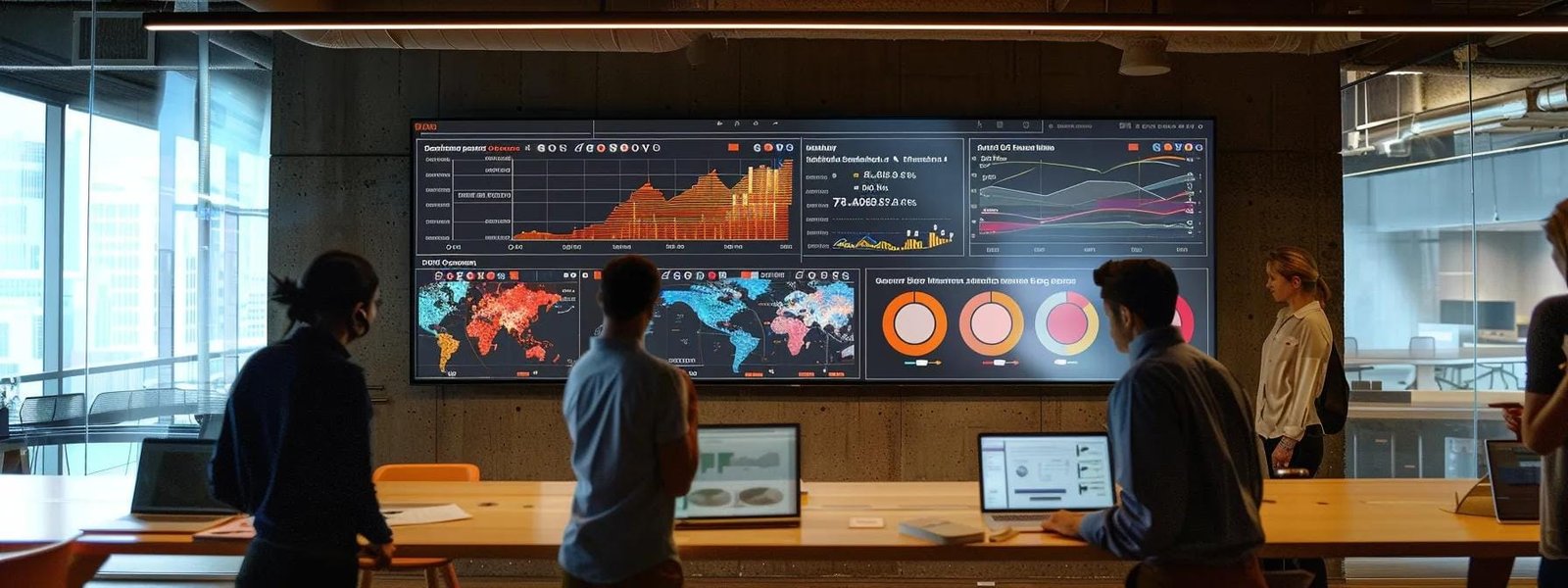 a sleek, modern office space showcases a digital dashboard filled with vibrant graphs and analytics, highlighting a focused team engaged in a strategic discussion about refining local marketing strategies to outpace competitors.