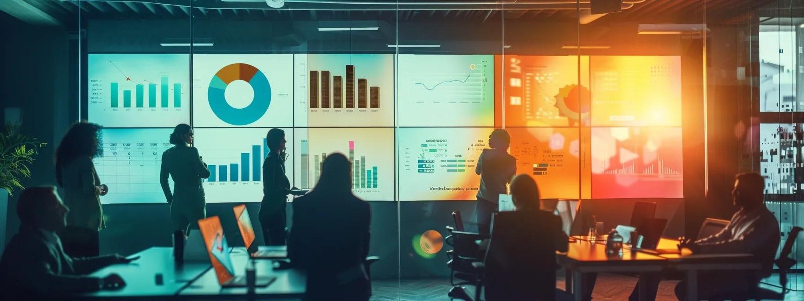 a sleek, modern office space showcases a diverse team engaged in a digital marketing strategy meeting, with vibrant charts and graphs displayed on large screens, highlighting the dynamic selection of strategic online channels.
