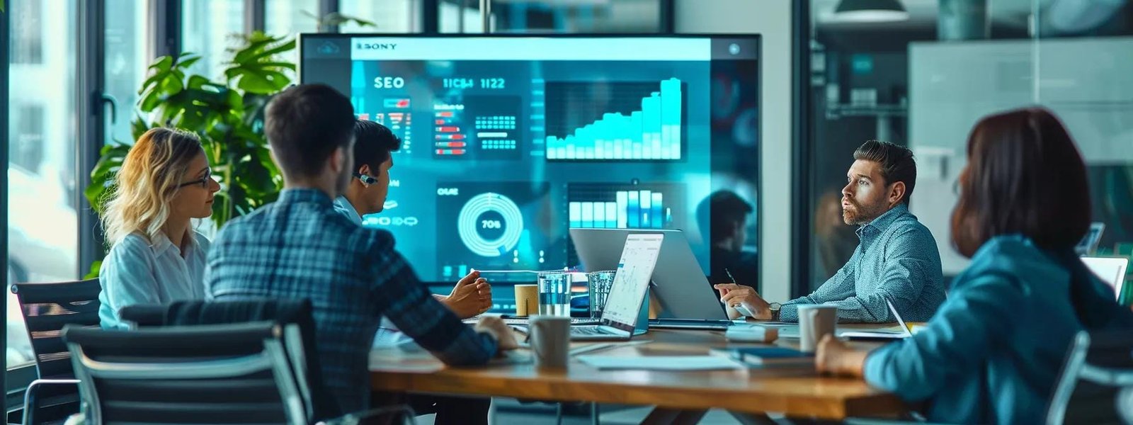 a sleek, modern office workspace features a large digital screen displaying a vibrant infographic of core digital marketing services and their benefits, with engaging visuals that emphasize seo, ppc, and content strategies alongside a focused group of professionals discussing around a high-tech table.