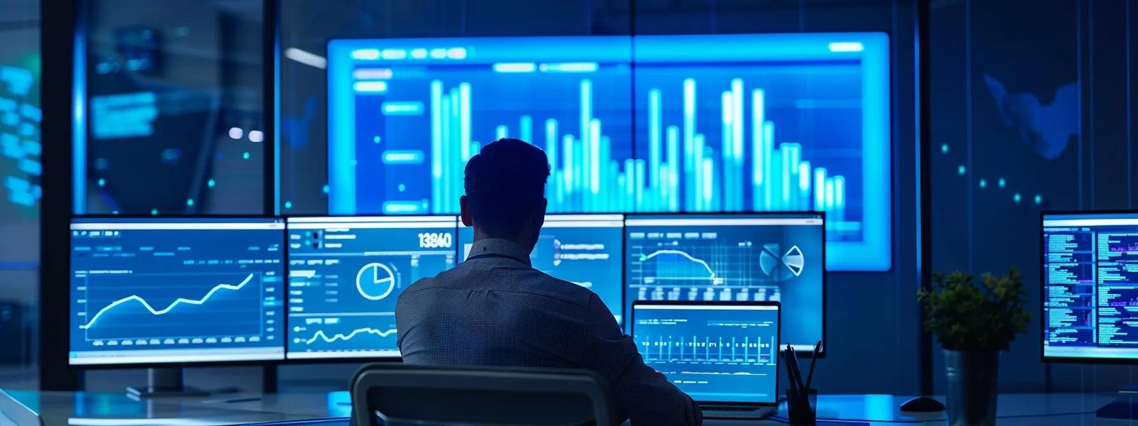 a sleek, modern office workspace is illuminated by blue and white led lights, showcasing a large digital screen displaying colorful graphs and analytics, while a focused professional analyzes dynamic search engine trends and algorithm changes on a high-tech laptop.