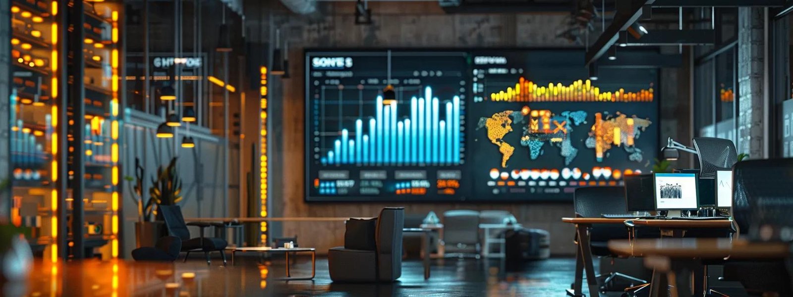 a sleek, modern office workspace is illuminated by dynamic digital screens displaying vibrant marketing analytics and strategy boards, reflecting the power of tailored marketing solutions in action.