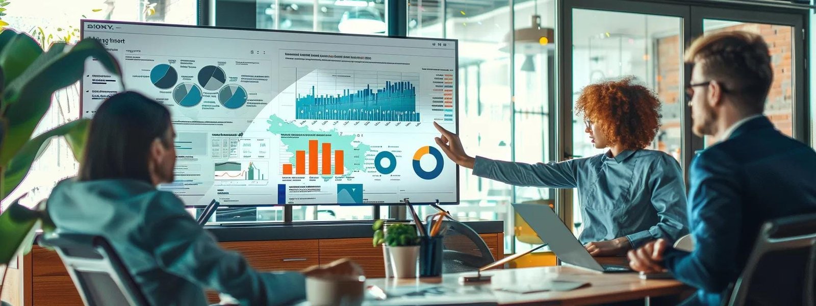a sleek office setting showcases a modern digital marketing dashboard on a large screen, with vibrant graphs and statistics, emphasizing tailored integrated solutions for local businesses amid a collaborative team discussing strategies.