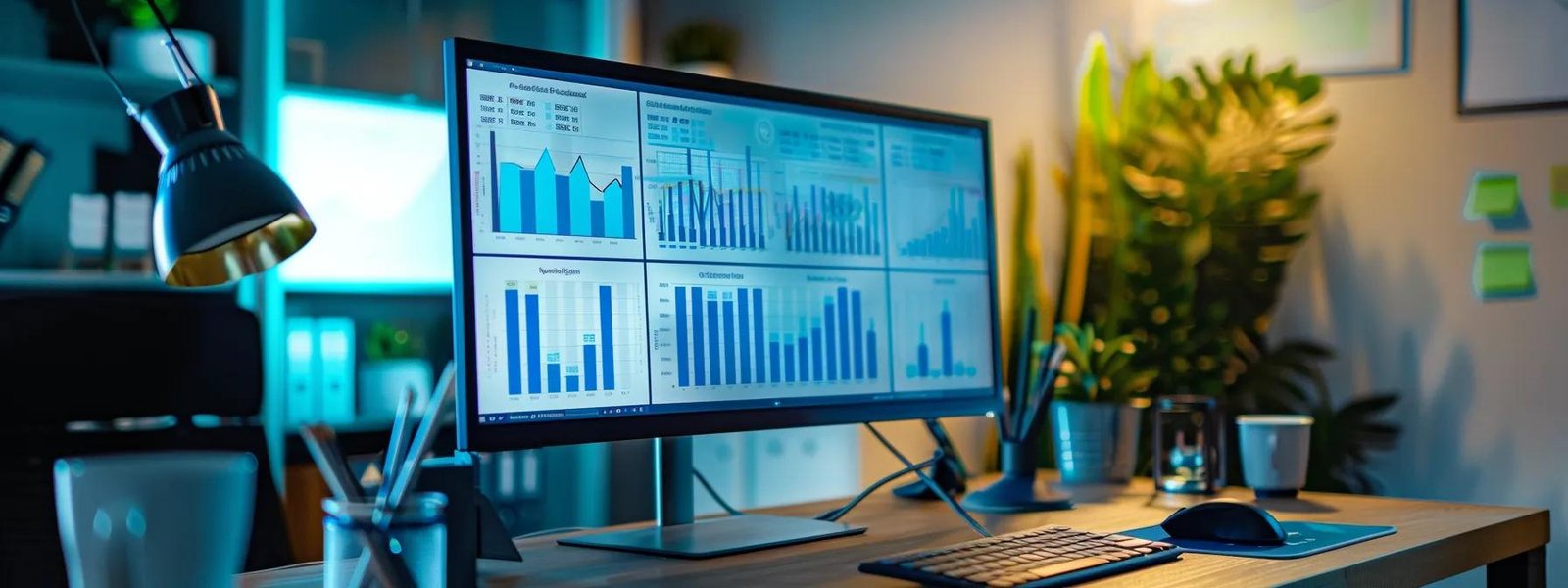 a sleek office workspace, featuring a modern computer with vibrant graphs and analytics displayed on the screen, illuminated by soft overhead lighting, emphasizing the strategic analysis of seo's impact on online business growth.