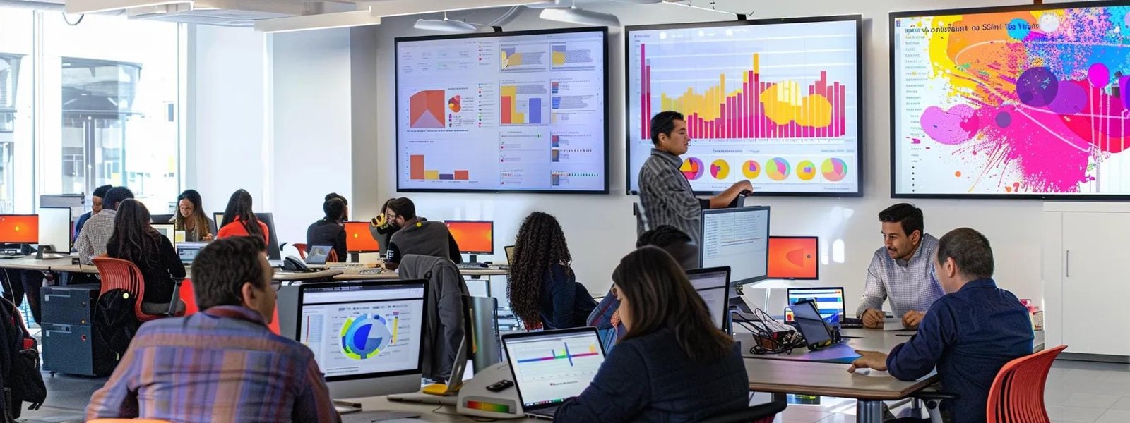 a vibrant, dynamic office workspace showcasing a diverse team engaged in a collaborative brainstorming session, surrounded by digital screens displaying social media analytics and marketing strategies.