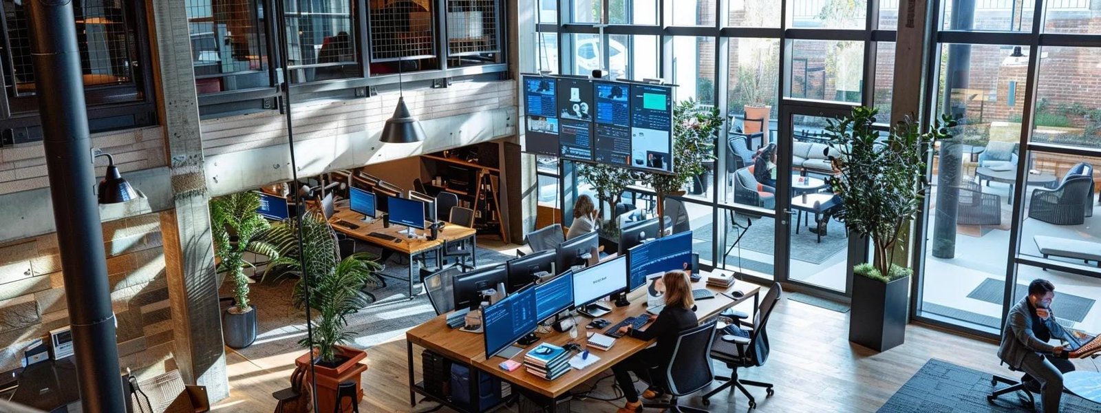 a vibrant, modern office space is bustling with activity, showcasing multiple computer screens displaying data analytics, social media dashboards, email marketing campaigns, and graphic design tools, symbolizing the essential digital marketing tools for beginners.