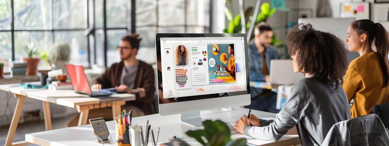 a vibrant, modern office workspace features a sleek computer monitor displaying an engaging content strategy outline, with a diverse team of professionals collaborating creatively around a contemporary table, emphasizing the importance of crafting high-quality, compelling content for effective search marketing.