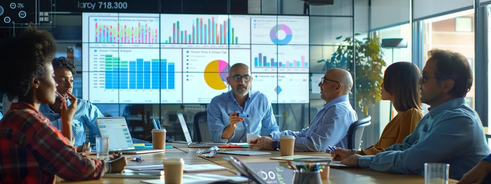 a vibrant office setting features a diverse team of professionals engaged in a dynamic brainstorming session, surrounded by charts and digital screens displaying local marketing analytics, emphasizing collaboration and impactful results in budget-friendly strategies.