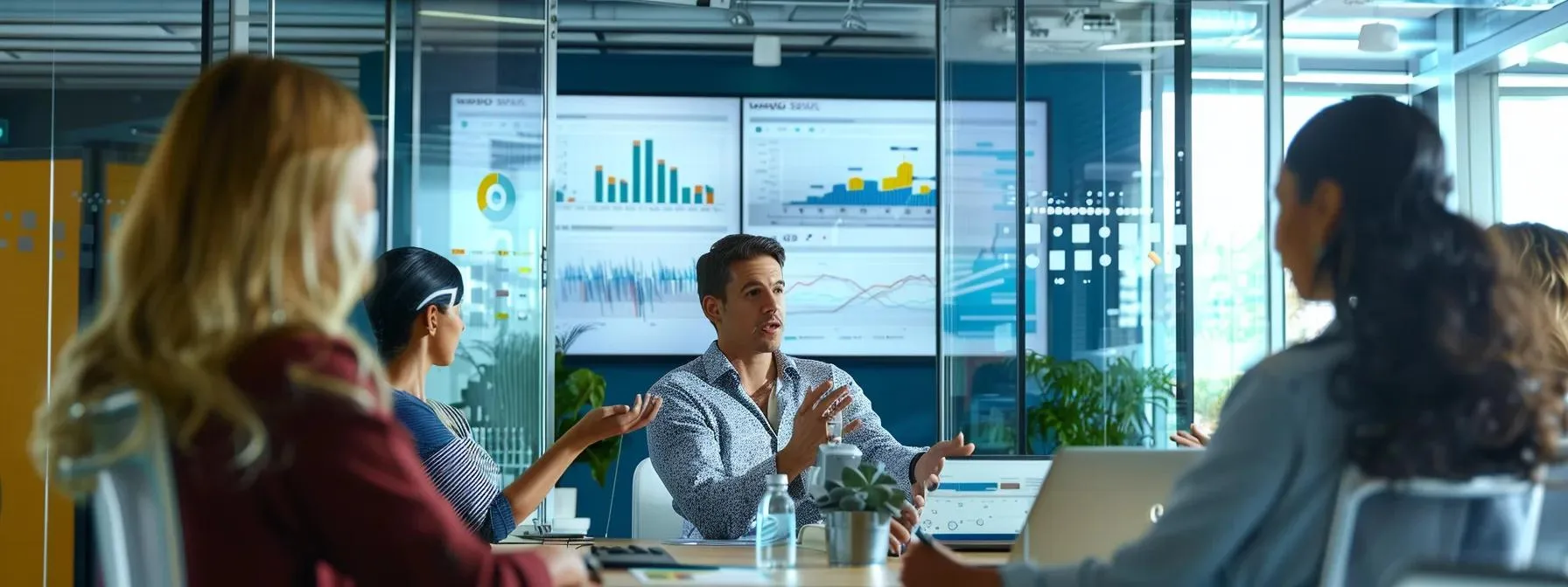 a vibrant office setting features diverse professionals engaged in a dynamic strategy session, surrounded by charts and digital displays showcasing real-time marketing analytics and emerging trends.