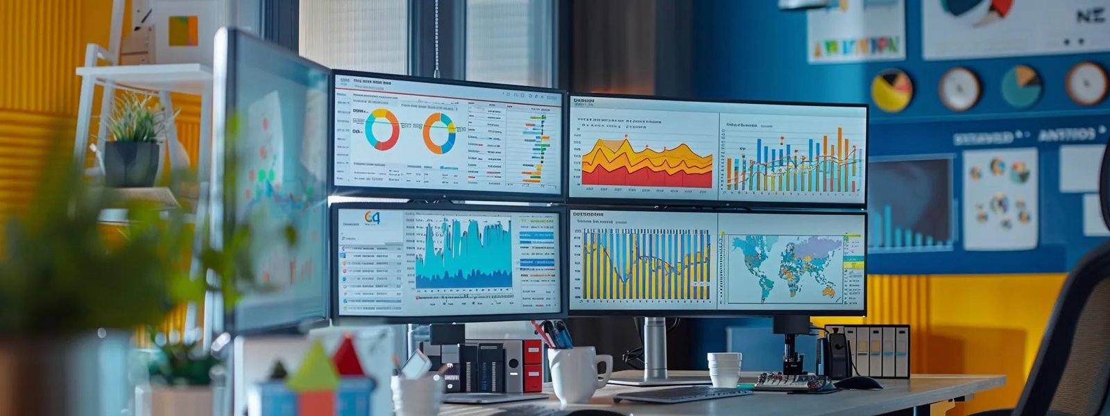 a vibrant office setting showcases a digital marketing strategist analyzing local search data on multiple monitors, surrounded by charts and maps that highlight community engagement and customer demographics.