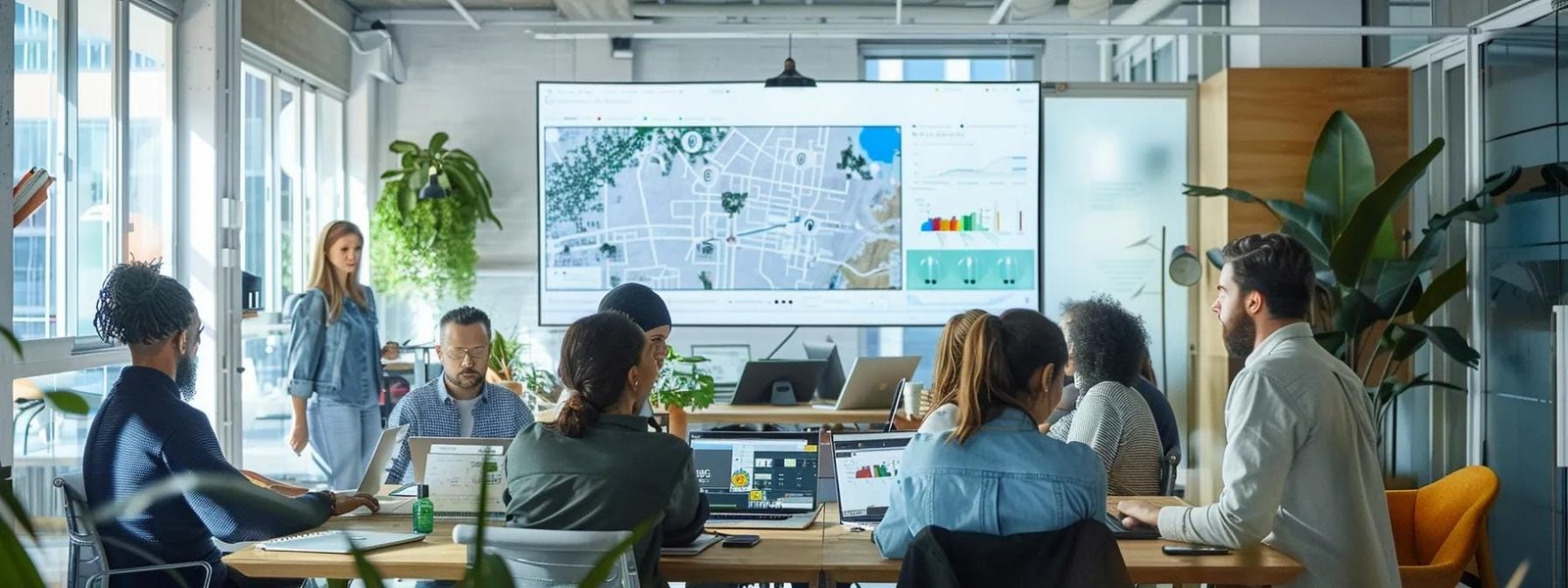 a vibrant office workspace filled with professionals engaging with digital devices, showcasing a large screen displaying a map with highlighted local businesses, emphasizing the importance of optimizing online presence for local discovery.