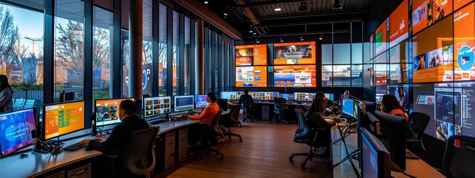 a vibrant urban office scene showcases a dynamic team engaging with multiple screens displaying social media analytics and brand visuals, embodying the transformative impact of a dedicated social media promotion company on brand visibility.