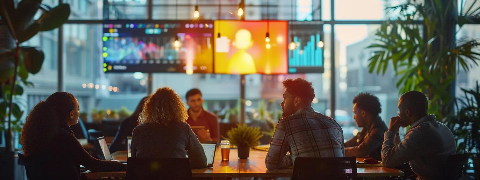 a vibrant urban office setting features a diverse group of professionals engaged in a dynamic brainstorming session, illuminated by screens displaying eye-catching short-form videos and interactive media elements, embodying the evolution of content marketing strategies.