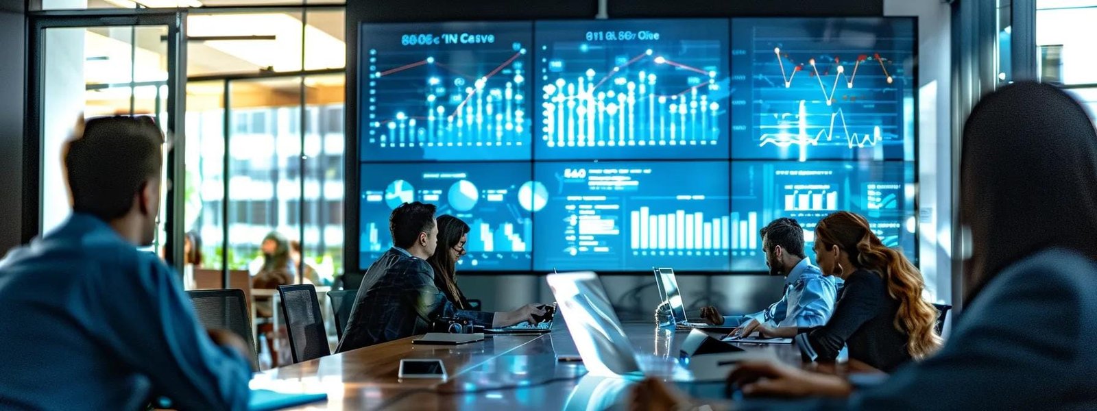 a vibrant urban office workspace, featuring a large digital screen displaying engaging graphs and charts related to digital marketing strategies, with professionals collaborating around a sleek conference table filled with laptops and digital marketing materials.