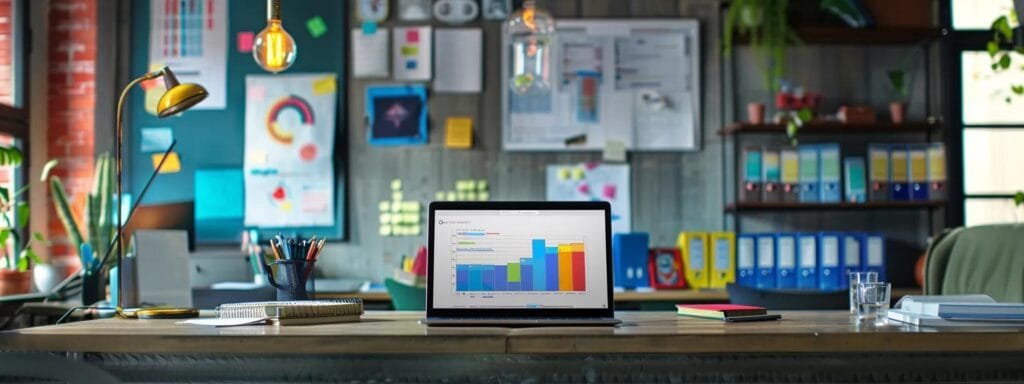 an engaging office scene features a modern workstation with a sleek laptop open to a vibrant email marketing dashboard, surrounded by marketing books and colorful charts on whiteboards, all under bright, focused overhead lighting.