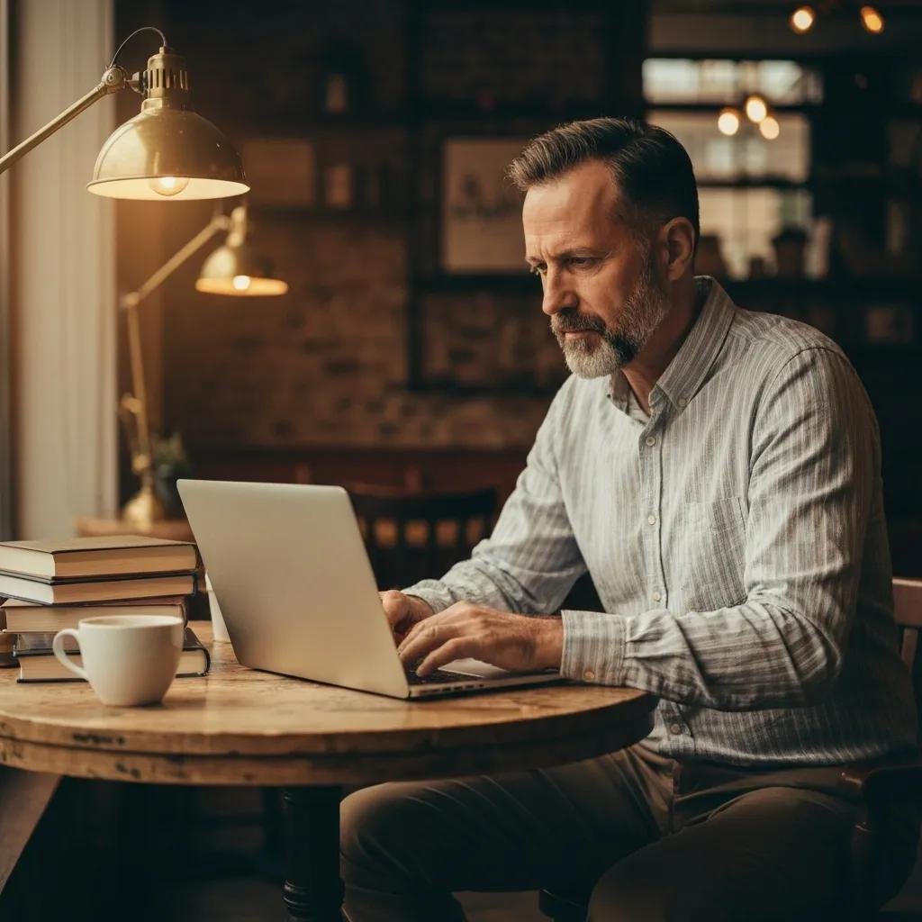 Small business owner utilizing marketing automation tools in a café environment