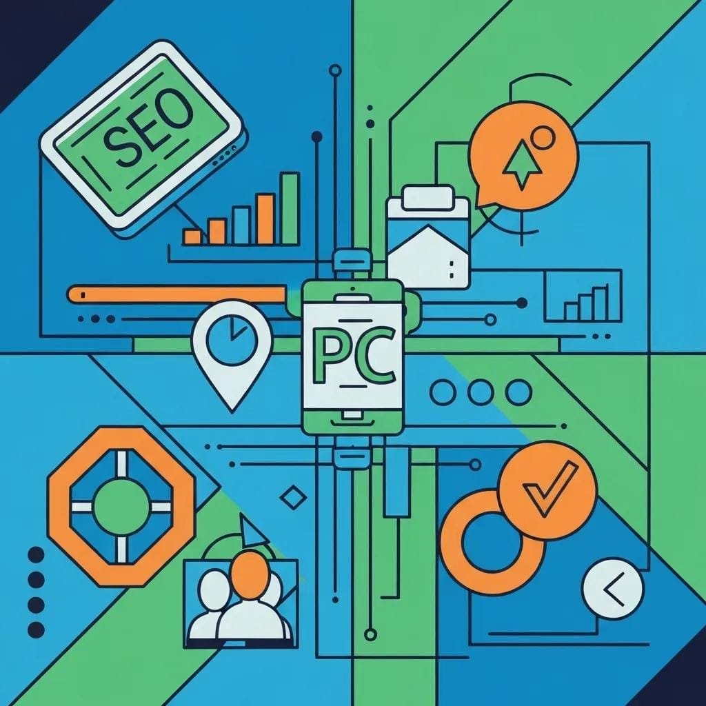 Visual representation of digital marketing components like SEO, PPC, and social media